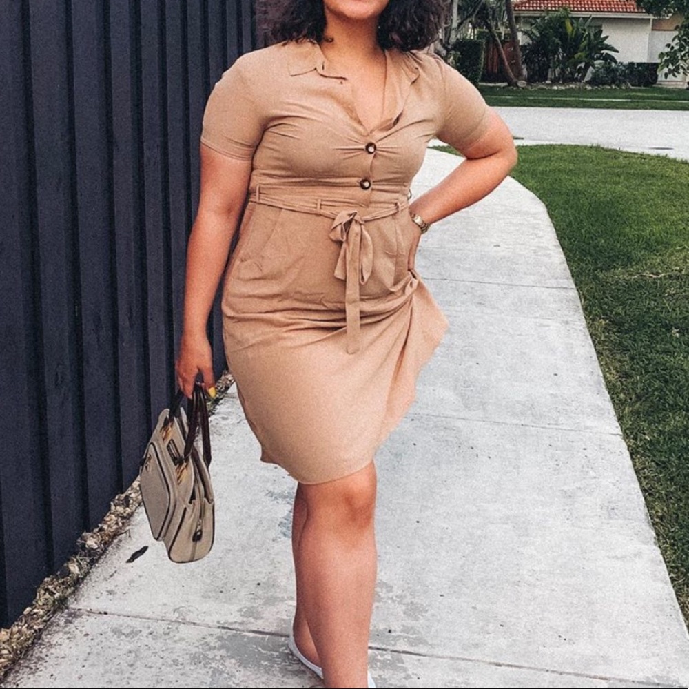Camel dress with cute buttons and ties